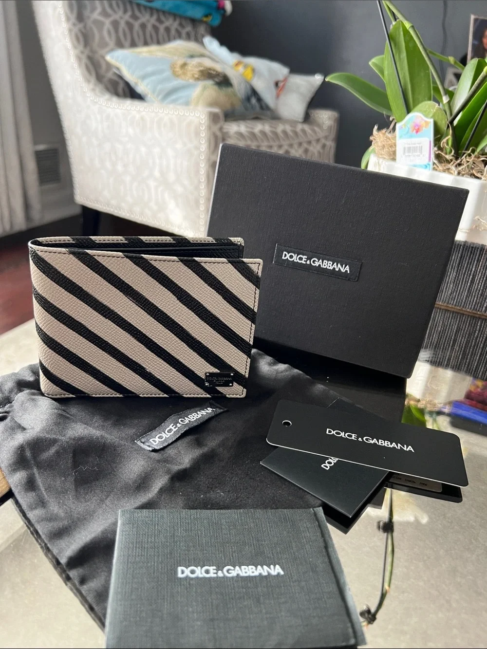 Dolce & Gabbana Black and Cream Diagonal Stripe Card Holder